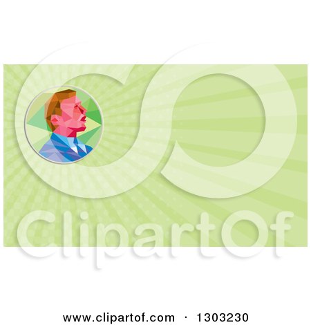 Clipart of a Retro Geometric White Businessman or Politician Speaking and Green Rays Background or Business Card Design - Royalty Free Illustration by patrimonio