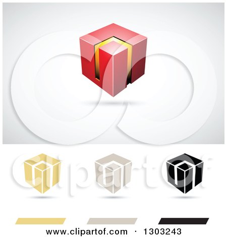 Clipart of a 3d Floating Red and Orange Smart Cube over Flat Versions, with Shadows - Royalty Free Vector Illustration by cidepix