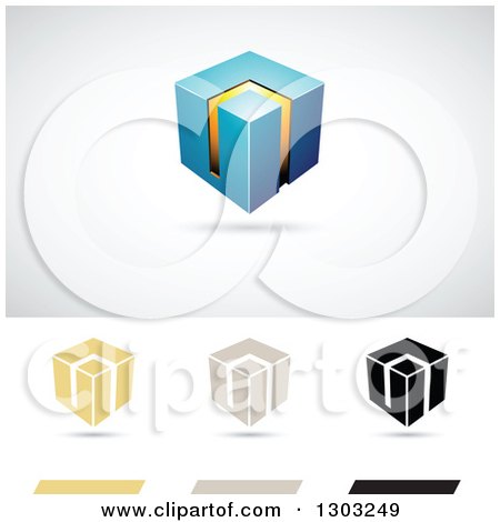 Clipart of a 3d Floating Blue and Orange Smart Cube over Flat Versions, with Shadows - Royalty Free Vector Illustration by cidepix