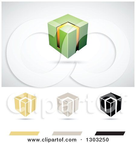 Clipart of a 3d Floating Green and Orange Smart Cube over Flat Versions, with Shadows - Royalty Free Vector Illustration by cidepix