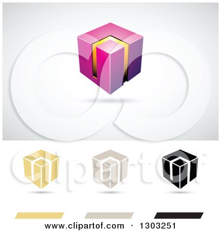 Clipart of a 3d Floating Magenta and Orange Smart Cube over Flat Versions, with Shadows - Royalty Free Vector Illustration by cidepix
