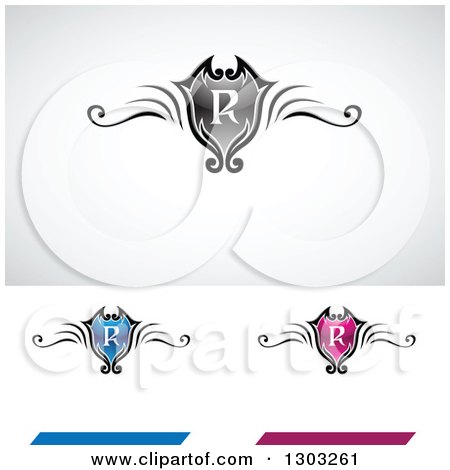 Clipart of Black Blue and Pink Letter R Royal Shields with Swirls - Royalty Free Vector Illustration by cidepix