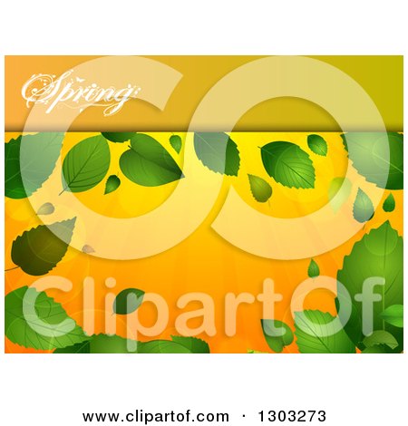 Clipart of a Spring Time Background with a Text Panel and Green Leaves with Flares over Orange Rays - Royalty Free Vector Illustration by elaineitalia