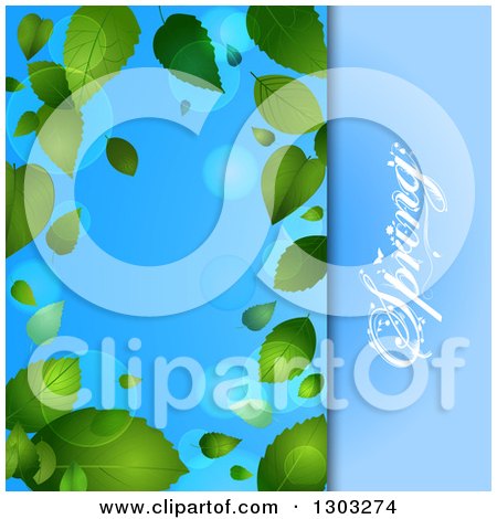 Clipart of a Spring Time Background with a Text Panel and Green Leaves with Flares over Blue - Royalty Free Vector Illustration by elaineitalia