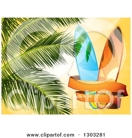 Clipart of a Vintage Banner Around Surf Boards with Palm Tree Branches over Orange Sunshine - Royalty Free Vector Illustration by elaineitalia