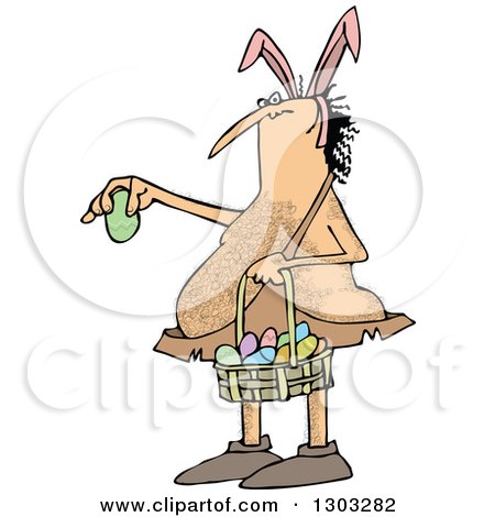 Clipart of a Cartoon Hairy Caveman Wearing Bunny Ears, Holding a Basket and an Easter Egg - Royalty Free Vector Illustration by djart