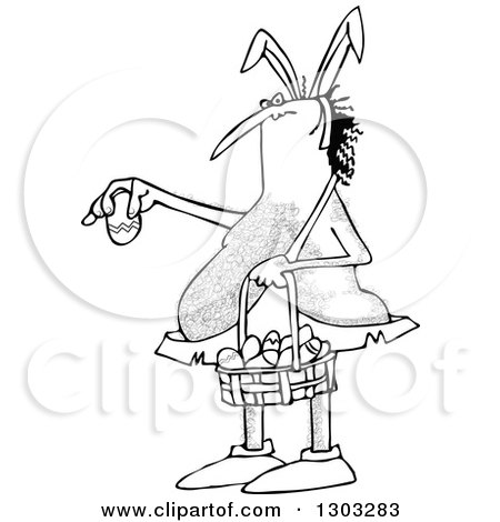 Lineart Clipart of a Cartoon Black and White Hairy Caveman Wearing Bunny Ears, Holding a Basket and an Easter Egg - Royalty Free Outline Vector Illustration by djart