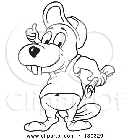 Lineart Clipart of a Black and White Cartoon Castor Beaver Holding a Paper and Giving a Thumb up - Royalty Free Outline Vector Illustration by dero