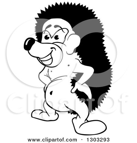 Lineart Clipart of a Black and White Cartoon Happy Hedgehog with Hands on Hips - Royalty Free Outline Vector Illustration by dero