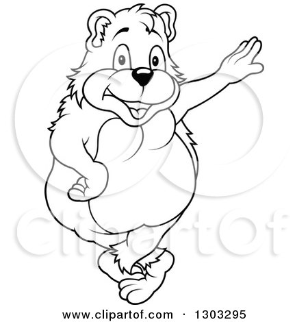 Lineart Clipart of a Black and White Cartoon Happy Bear Leaning - Royalty Free Outline Vector Illustration by dero