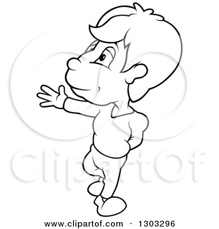 Lineart Clipart of a Black and White Cartoon Boy Presenting - Royalty Free Outline Vector Illustration by dero