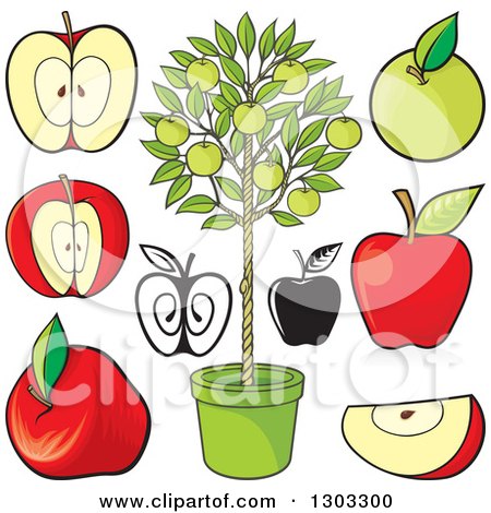 Clipart of Red, Black and White, and Green Apples and a Tree - Royalty Free Vector Illustration by Any Vector