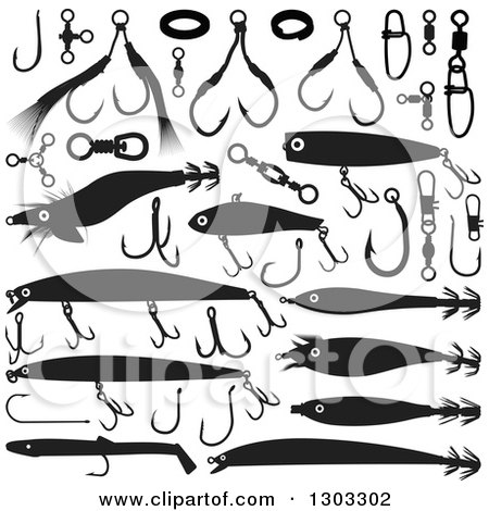 Clipart of Black and White Fishing Lures and Hooks - Royalty Free Vector Illustration by Any Vector