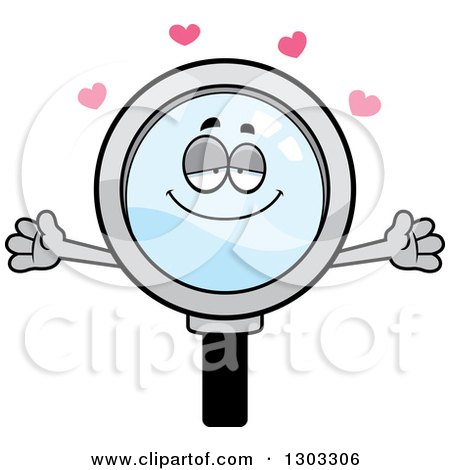 Clipart of a Cartoon Loving Magnifying Glass Character with Open Arms and Hearts - Royalty Free Vector Illustration by Cory Thoman