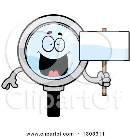 Clipart of a Cartoon Happy Magnifying Glass Character Holding a Blank Sign - Royalty Free Vector Illustration by Cory Thoman