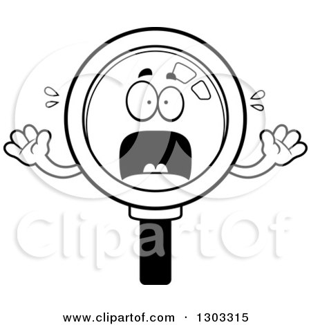 Lineart Clipart of a Cartoon Black and White Scared Magnifying Glass Character Screaming - Royalty Free Outline Vector Illustration by Cory Thoman