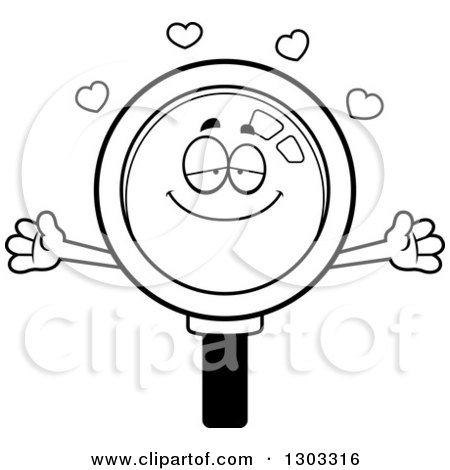 Lineart Clipart of a Cartoon Black and White Loving Magnifying Glass Character with Open Arms and Hearts - Royalty Free Outline Vector Illustration by Cory Thoman