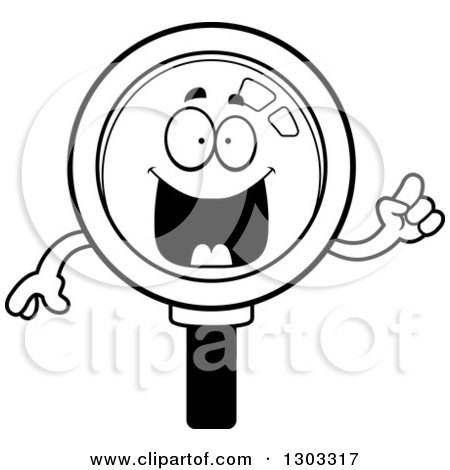 Lineart Clipart of a Cartoon Black and White Smart Magnifying Glass Character with an Idea - Royalty Free Outline Vector Illustration by Cory Thoman