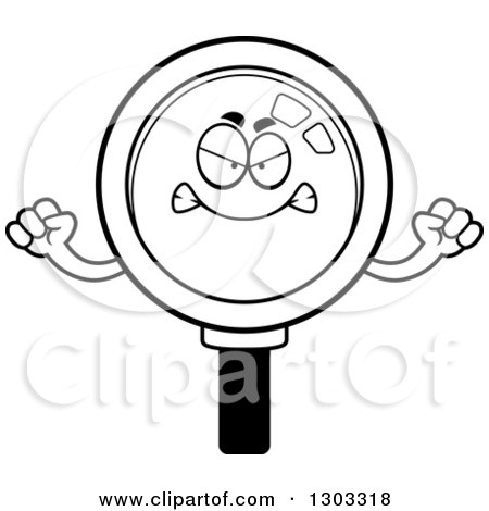 Lineart Clipart of a Cartoon Black and White Mad Magnifying Glass Character Waving Fists - Royalty Free Outline Vector Illustration by Cory Thoman