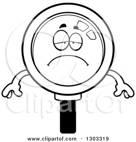 Lineart Clipart of a Cartoon Black and White Sad Depressed Magnifying Glass Character Pouting - Royalty Free Outline Vector Illustration by Cory Thoman