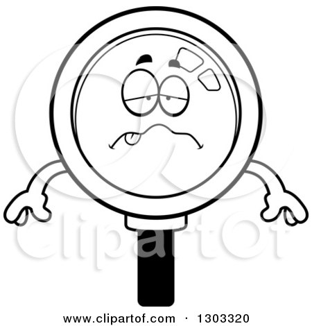 Lineart Clipart of a Cartoon Black and White Sick or Drunk Magnifying Glass Character - Royalty Free Outline Vector Illustration by Cory Thoman