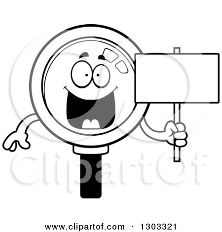 Lineart Clipart of a Cartoon Black and White Happy Magnifying Glass Character Holding a Blank Sign - Royalty Free Outline Vector Illustration by Cory Thoman