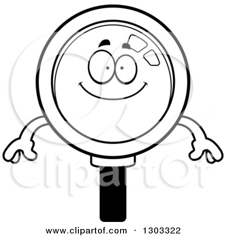 Lineart Clipart of a Cartoon Black and White Happy Magnifying Glass Character Smiling - Royalty Free Outline Vector Illustration by Cory Thoman