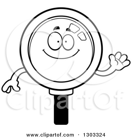 Lineart Clipart of a Cartoon Black and White Friendly Magnifying Glass Character Waving - Royalty Free Outline Vector Illustration by Cory Thoman