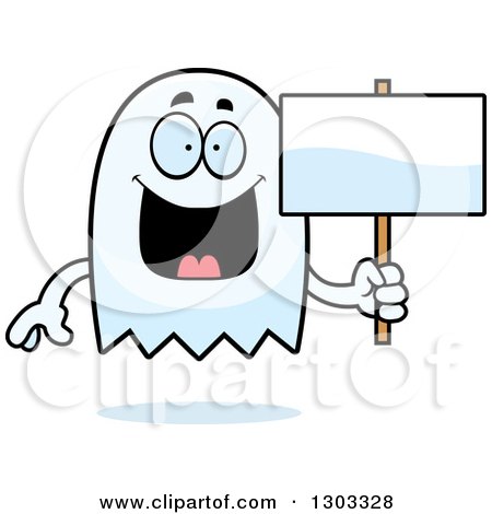 Clipart of a Cartoon Happy Ghost Character Holding a Blank Sign - Royalty Free Vector Illustration by Cory Thoman
