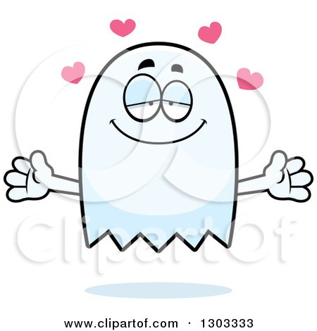 Clipart of a Cartoon Loving Ghost Character with Open Arms and Hearts - Royalty Free Vector Illustration by Cory Thoman