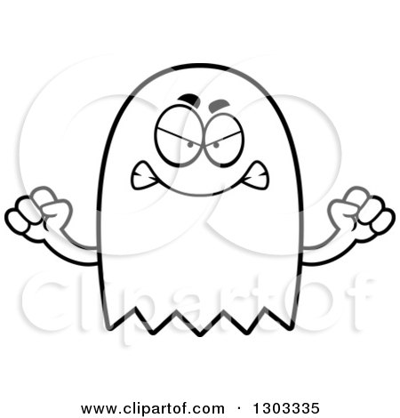 Outline Clipart of a Cartoon Black and White Angry Ghost Character Waving Fists - Royalty Free Lineart Vector Illustration by Cory Thoman