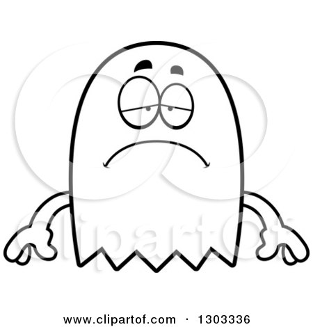 Outline Clipart of a Cartoon Black and White Sad Depressed Ghost Character Pouting - Royalty Free Lineart Vector Illustration by Cory Thoman