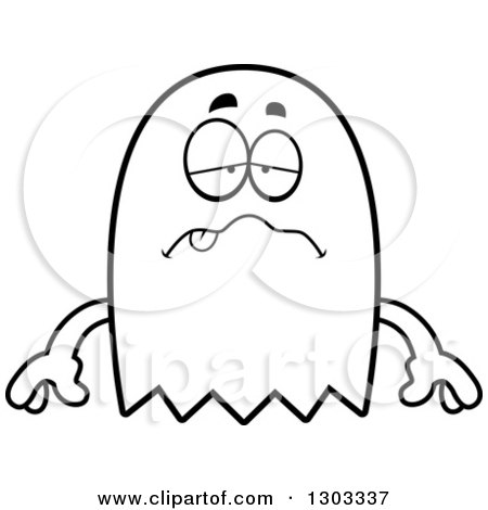 Outline Clipart of a Cartoon Black and White Sick or Drunk Ghost Character - Royalty Free Lineart Vector Illustration by Cory Thoman