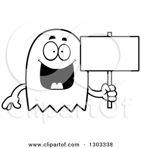 Outline Clipart of a Cartoon Black and White Happy Ghost Character Holding a Blank Sign - Royalty Free Lineart Vector Illustration by Cory Thoman