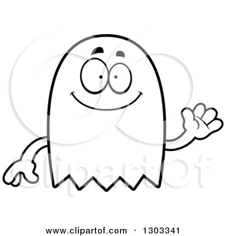 Outline Clipart of a Cartoon Black and White Friendly Ghost Character Waving - Royalty Free Lineart Vector Illustration by Cory Thoman