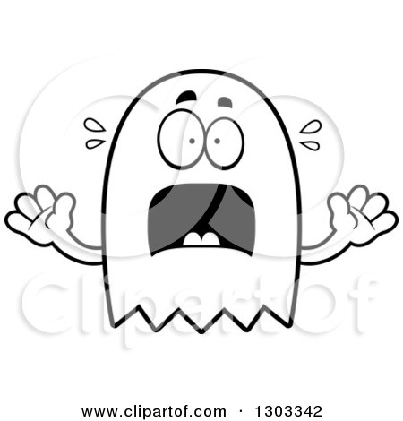 Outline Clipart of a Cartoon Black and White Scared Ghost Character Screaming - Royalty Free Lineart Vector Illustration by Cory Thoman