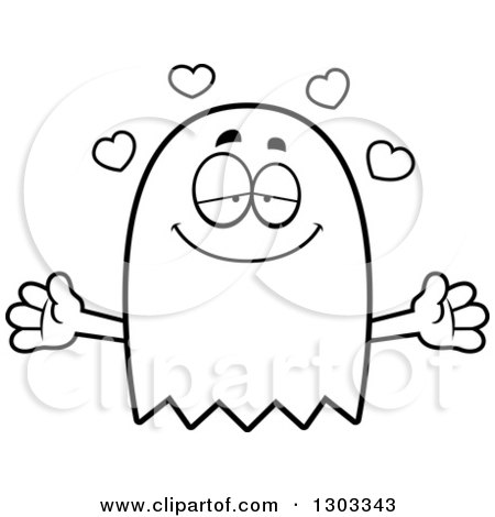 Outline Clipart of a Cartoon Black and White Loving Ghost Character with Open Arms and Hearts - Royalty Free Lineart Vector Illustration by Cory Thoman