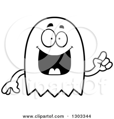 Outline Clipart of a Cartoon Black and White Smart Ghost Character with an Idea - Royalty Free Lineart Vector Illustration by Cory Thoman