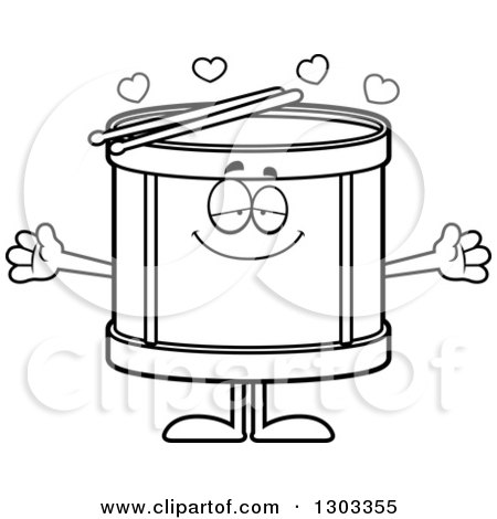Outline Clipart of a Cartoon Black and White Loving Musical Drums Character with Open Arms and Hearts - Royalty Free Lineart Vector Illustration by Cory Thoman