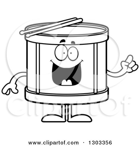 Outline Clipart of a Cartoon Black and White Smart Musical Drums Character with an Idea - Royalty Free Lineart Vector Illustration by Cory Thoman