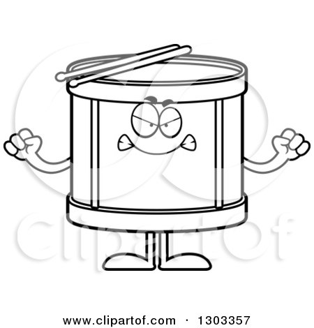 Outline Clipart of a Cartoon Black and White Mad Musical Drums Character Waving Fists - Royalty Free Lineart Vector Illustration by Cory Thoman