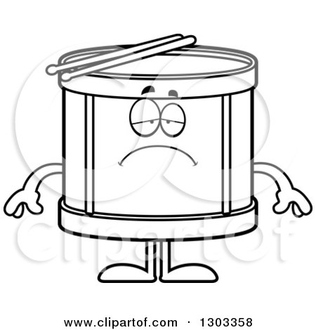 Outline Clipart of a Cartoon Black and White Sad Depressed Musical Drums Character Pouting - Royalty Free Lineart Vector Illustration by Cory Thoman