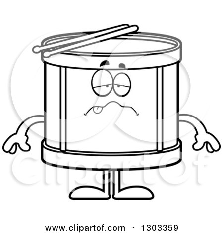 Outline Clipart of a Cartoon Black and White Sick or Drunk Musical Drums Character - Royalty Free Lineart Vector Illustration by Cory Thoman