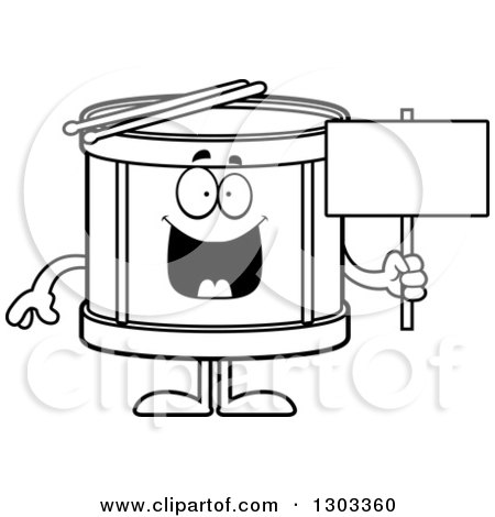 Outline Clipart of a Cartoon Black and White Happy Musical Drums Character Holding a Blank Sign - Royalty Free Lineart Vector Illustration by Cory Thoman