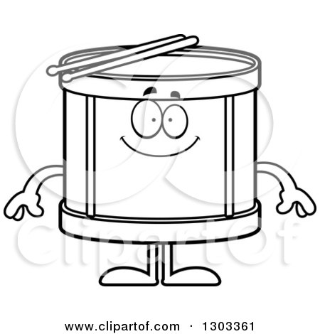 Outline Clipart of a Cartoon Black and White Happy Musical Drums Character Smiling - Royalty Free Lineart Vector Illustration by Cory Thoman