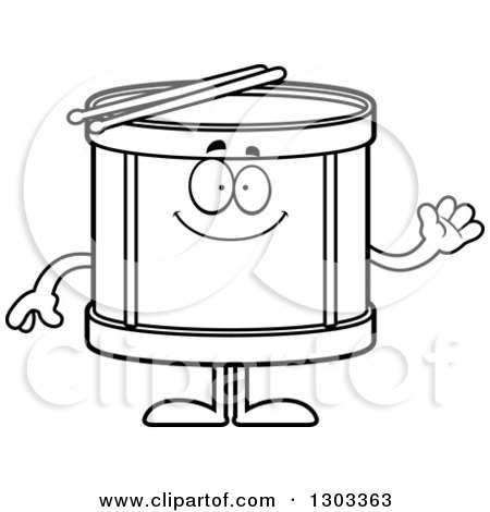 Outline Clipart of a Cartoon Black and White Happy Friendly Musical Drums Character Waving - Royalty Free Lineart Vector Illustration by Cory Thoman