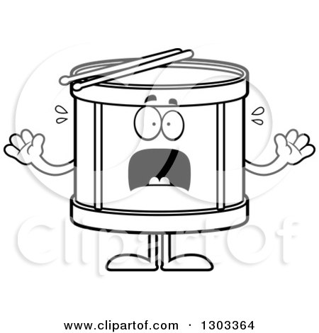 Outline Clipart of a Cartoon Black and White Scared Musical Drums Character Screaming - Royalty Free Lineart Vector Illustration by Cory Thoman