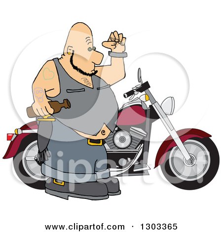 Clipart of a Chubby Tattooed Bald White Male Biker Holding a Beer Bottle by His Motorcycle - Royalty Free Vector Illustration by djart