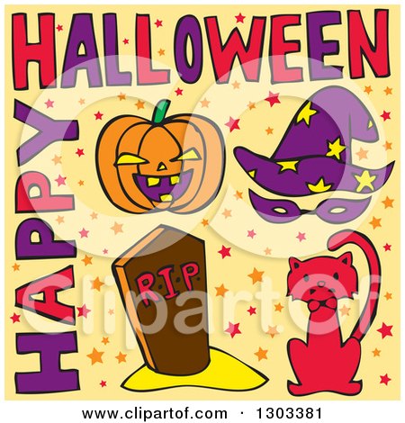 Clipart of a Happy Halloween Greeting with a Cat, Witch Hat, Tombstone and Pumpkin on Yellow - Royalty Free Vector Illustration by Cherie Reve
