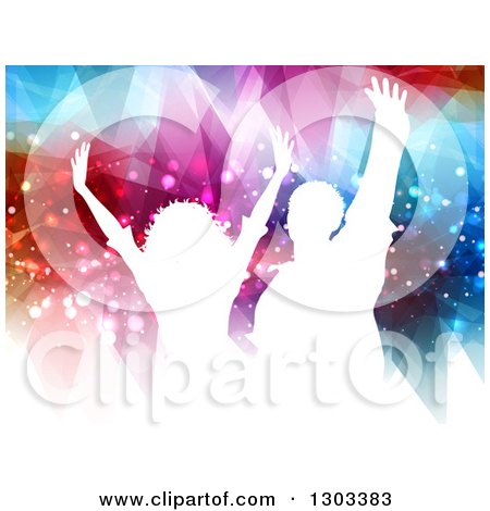 Clipart of White Silhouetted Dancers Against Flares and Geometric Lights - Royalty Free Vector Illustration by KJ Pargeter